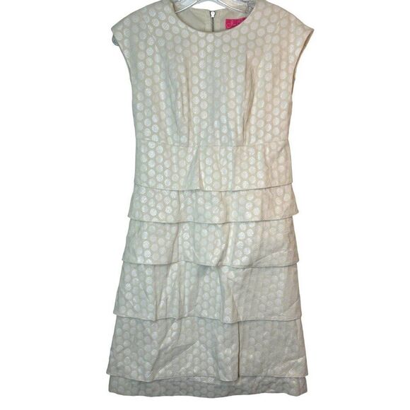 Junee Couture Womens Dress 2 Cream White Layered Ruffle Career Polka Dots Tiered - Picture 1 of 10